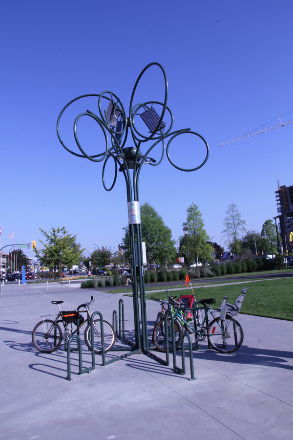 Located outside of the Science World museum, this bike rack is powered by solar panel.