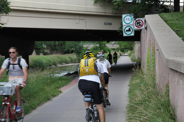 You see both recreational and utilitarian cyclists on the Cherry Creek bike trail.