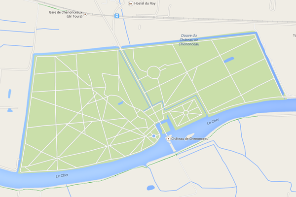 A map of Chateau de Chenonceau - there are many paths potential for a epic casual bike ride.