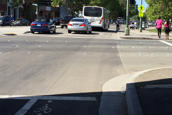 3.  Cyclist has to completely  pulled over to let the bus go.